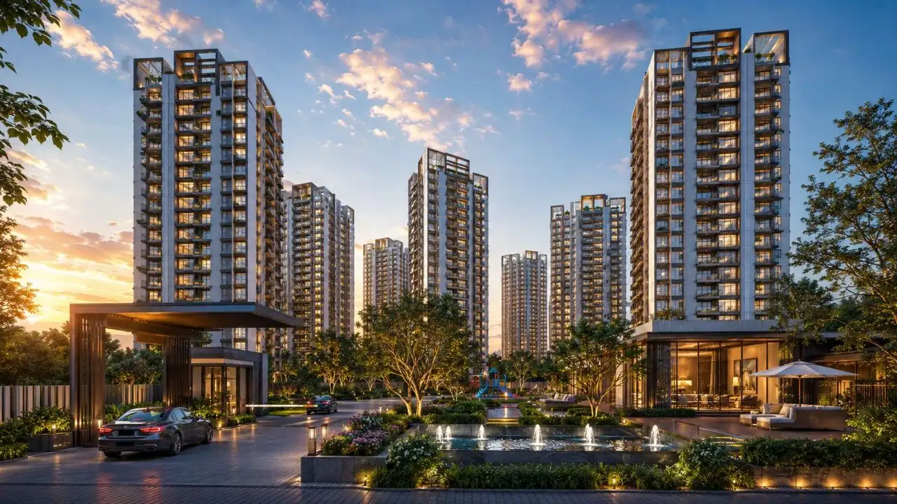 Smartworld Sector 67 iconic towers at dusk with landscaped forecourt